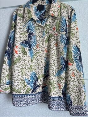 Alex Marie Cream Button-Up Shirt with Blue Parrot Print
